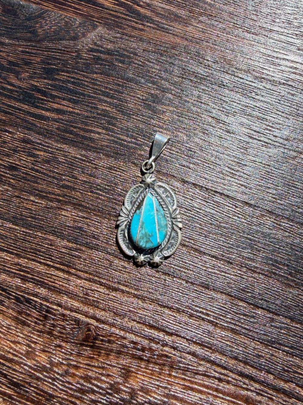 Sterling Silver Teardrop Turquoise Inlay Pendant - signed by artist - Picture 5 of 6